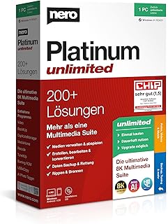 Nero Platinum Unlimited | Boîte de détail avec CD | Édition vidéo | Gérer et lire les médias | Intelligence artificielle | 8K | Photos | Musique | Réglage du PC | Windows 11 / 10 / 8 / 7